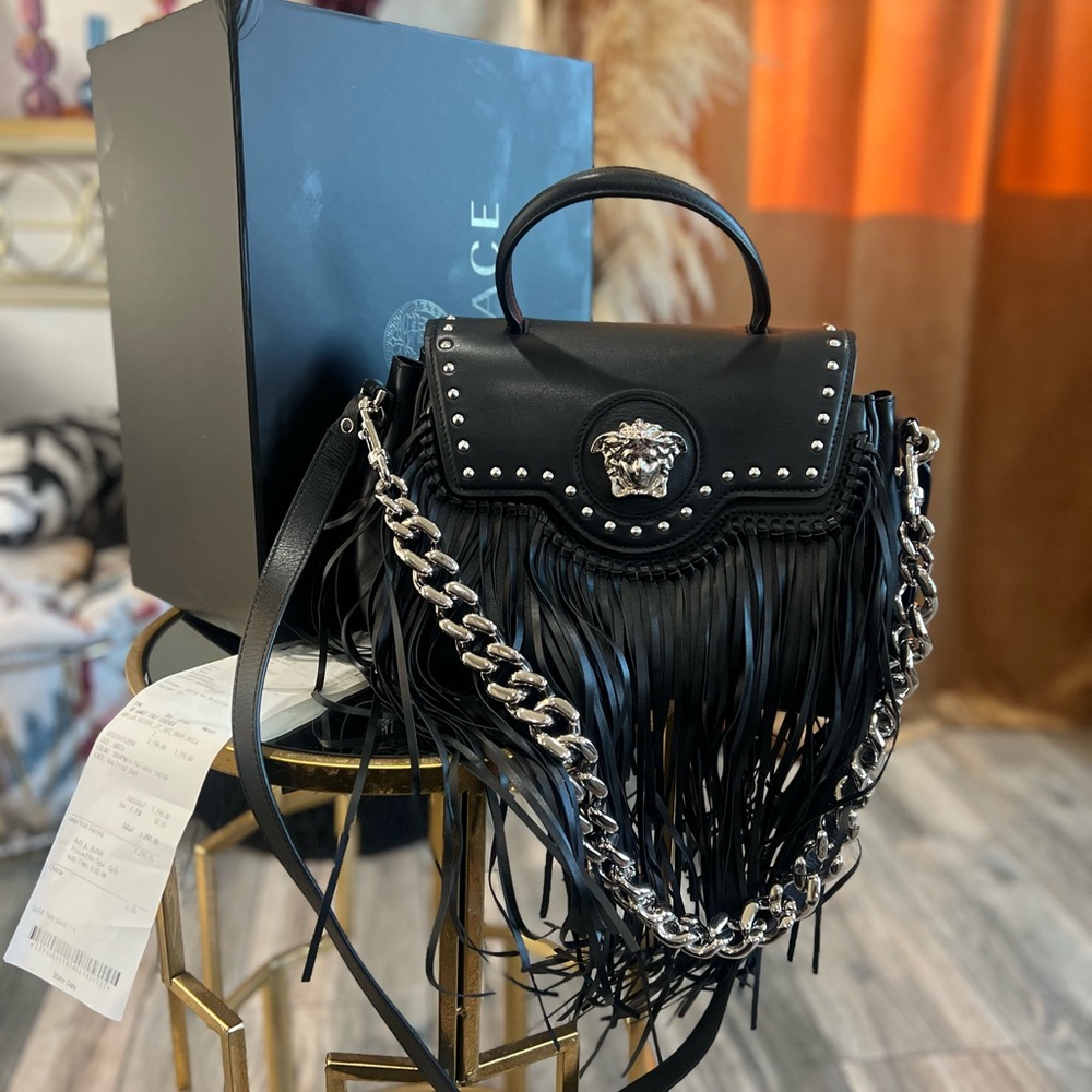 Versace all fringe, silver Medusa head, silver chain,